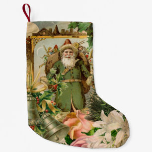 Old World Green Santa Christmas Collage Antique  Small Christmas Stocking