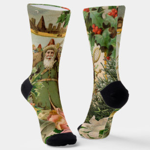 Old World Green Santa Christmas Collage Antique Socks