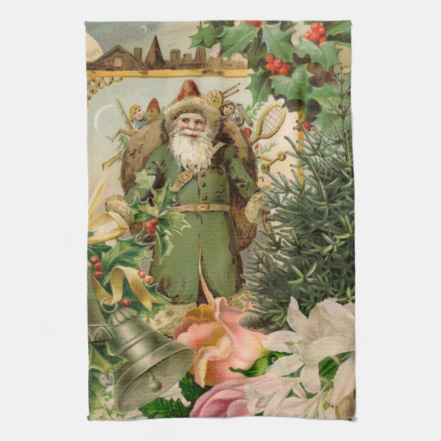 Old World Green Santa Christmas Collage Antique  Tea Towel (Vertical)