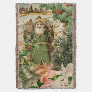 Old World Green Santa Christmas Collage Antique Throw Blanket