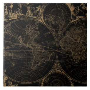 Old World Journey Map Nautical Black Ceramic Tile