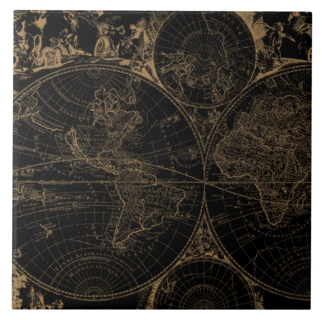 Old World Journey Map Nautical Black Ceramic Tile (Front)