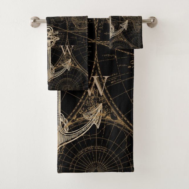 Old World Journey Nautical Anchor Monogram Black Bath Towel Set (Insitu)