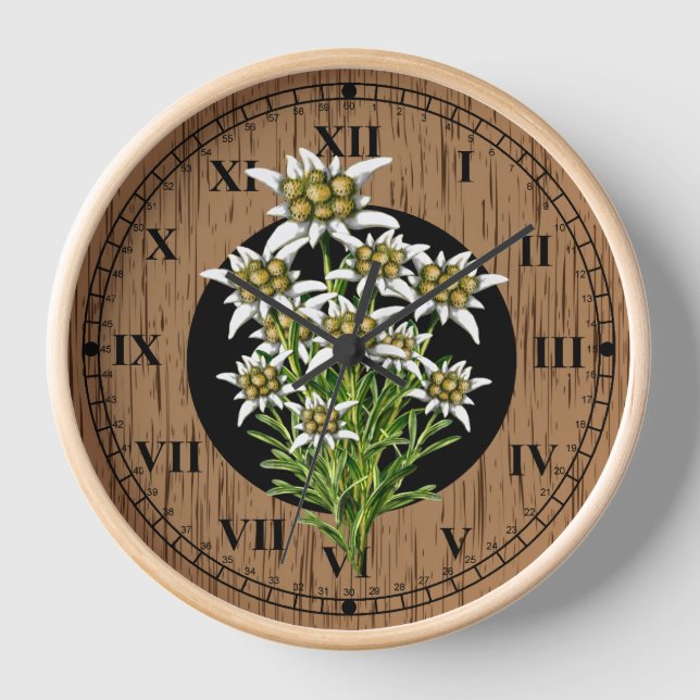 Old World Look Faux Wood & Edelweiss Wall Clock (Front)