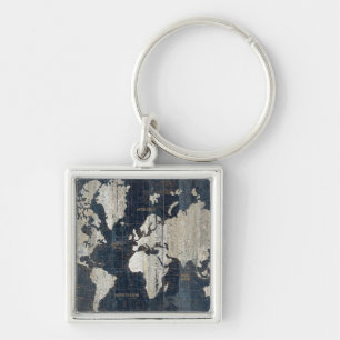 Old World Map Blue Key Ring