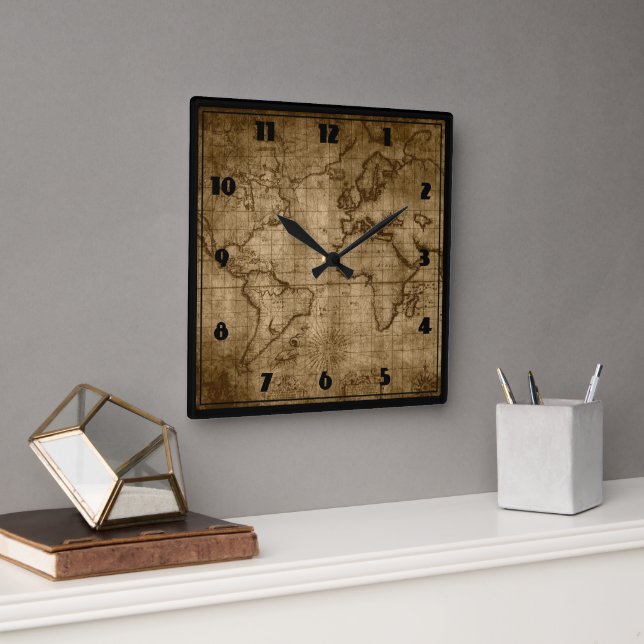 Old World Map - Custom Square Wall Clock (Office)