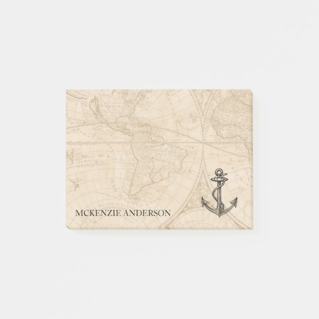 Old World Map Nautical Anchor Add Name 4x3 Post-it Notes (Front)