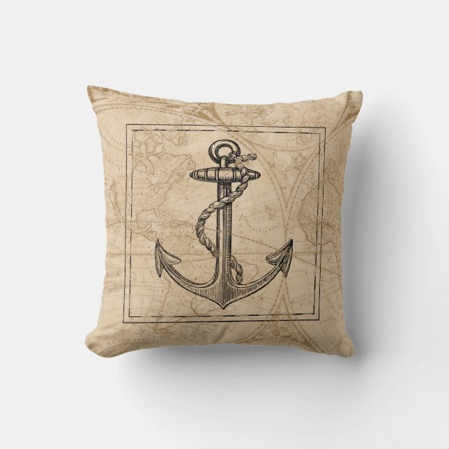 Old World Map Nautical Anchor Monogram Cushion (Front)