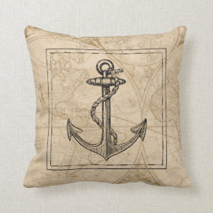 Old World Map Nautical Anchor Monogram Cushion
