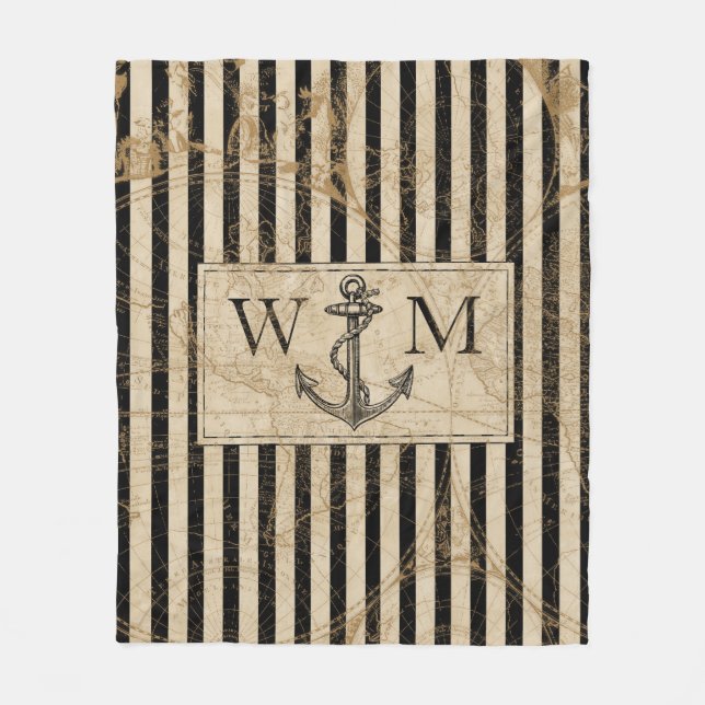 Old World Map Nautical Anchor Monogram Fleece Blanket (Front)