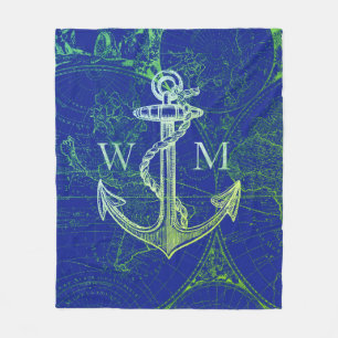 Old World Map Nautical Anchor Monogram Fleece Blanket