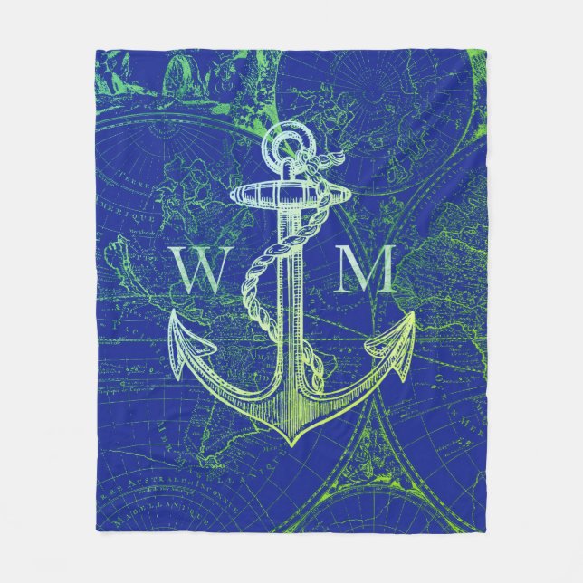Old World Map Nautical Anchor Monogram Fleece Blanket (Front)