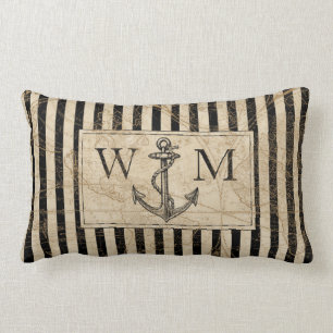 Old World Map Nautical Anchor Monogram Lumbar Cushion