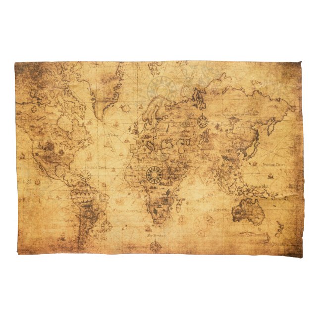 Old World Map: Stained Parchment Vintage Pillowcase (Front)