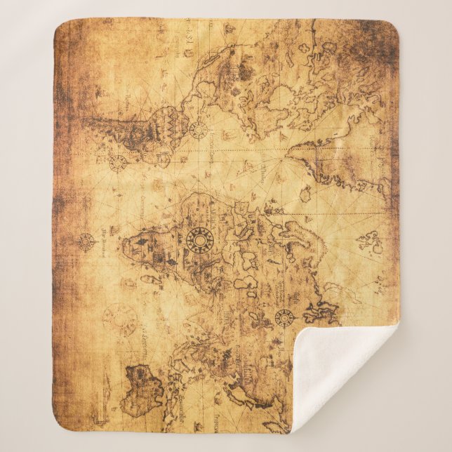 Old World Map: Stained Parchment Vintage Sherpa Blanket (Front)