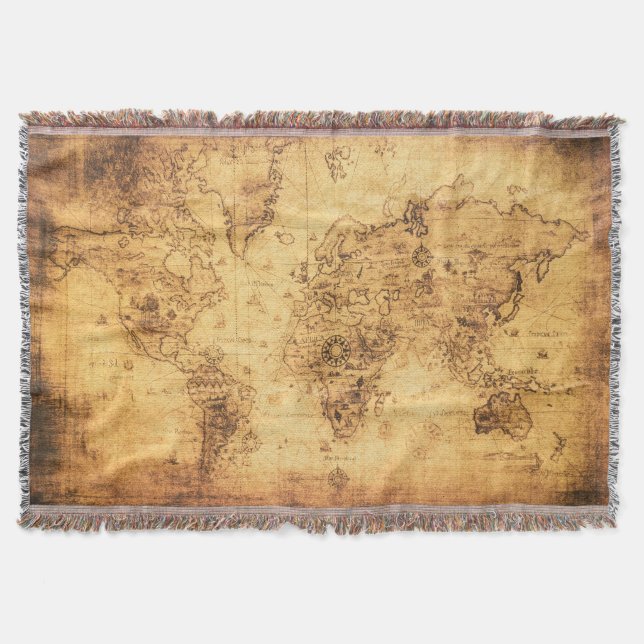 Old World Map: Stained Parchment Vintage Throw Blanket (Front)