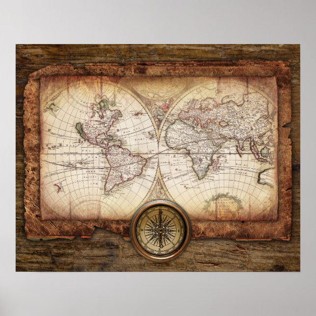 Old World Map with Compass Poster (Front)