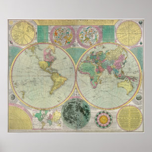 Old World Map with heavenly bodies- Antique Travel Poster
