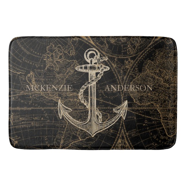 Old World Nautical Anchor Monogram Black Bath Mat (Front)