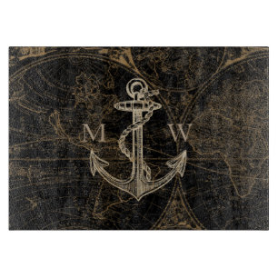 Old World Nautical Anchor Monogram Black Cutting Board