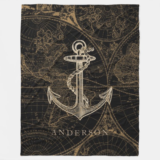 Old World Nautical Anchor Monogram Black Fleece Blanket (Front)