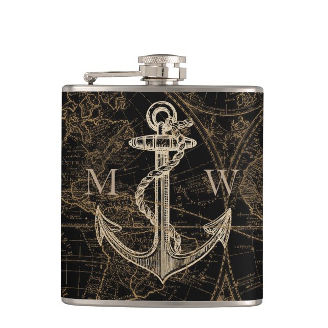 Old World Nautical Anchor Monogram Black Hip Flask (Front)