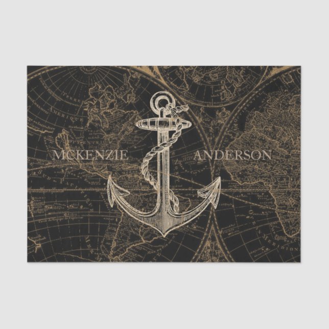 Old World Nautical Anchor Monogram Black Tissue Paper (Front)