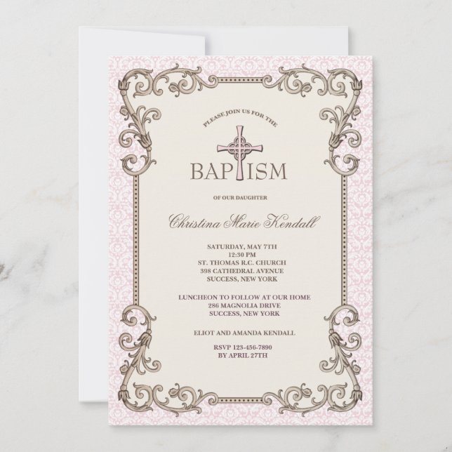 Old World Pink Baptism Invitation (Front)