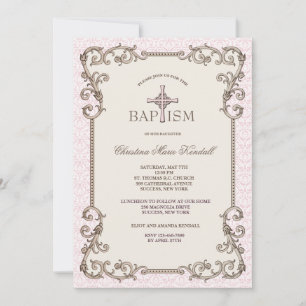 Old World Pink Baptism Invitation