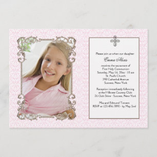 Old World Pink Damask Photo Religious Invitation
