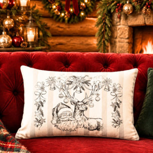 Old World Santa and Reindeer Sketch Holiday Lumbar Cushion