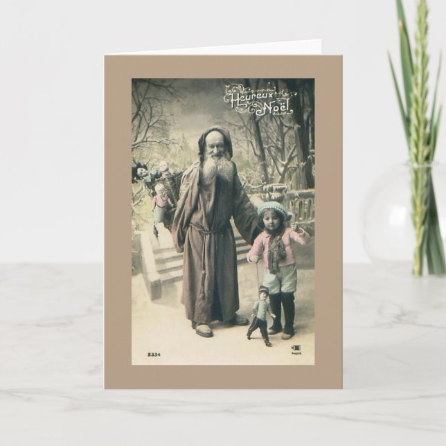 Old World Santa French Christmas 1915 Vintage Holiday Card (Front)