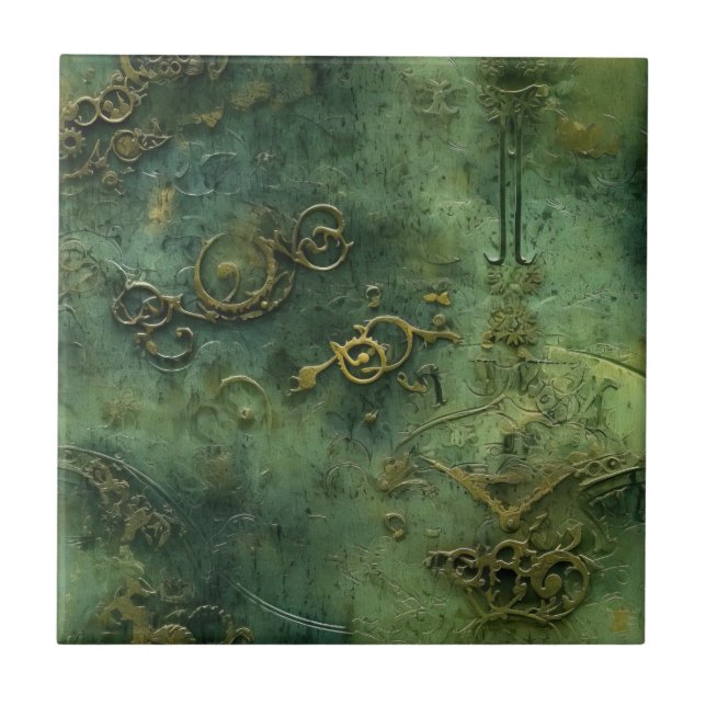 Old World Steampunk Gears Emerald Ceramic Tile (Front)