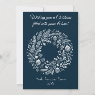 Old-World Style Wreath, in Blue and Greys Holiday Card