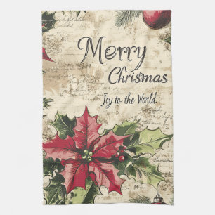 Old World Vintage Christmas Holly Pattern Tea Towel