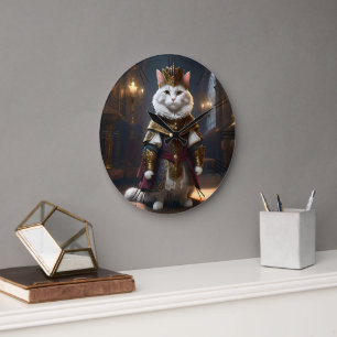 Old Worldly White Renaissance Cat,  Large Clock