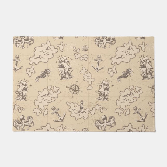 Olden nautical themed sepia pattern doormat (Front)