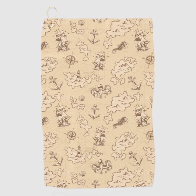 Olden nautical themed sepia pattern golf towel (Front)