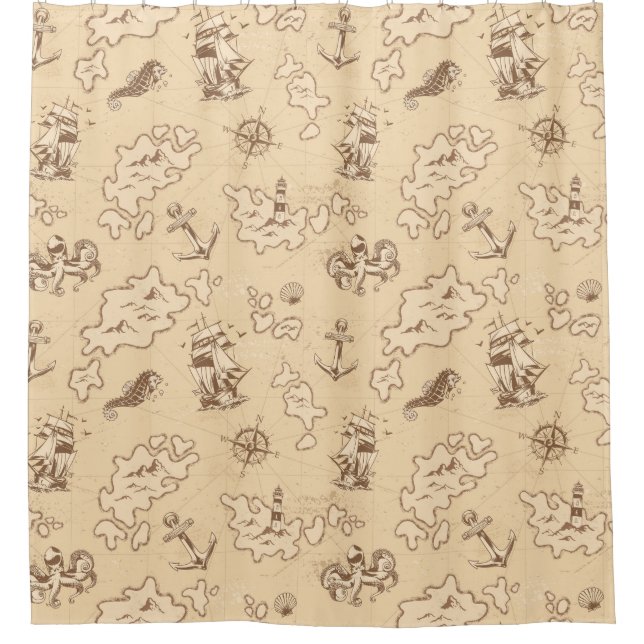 Olden nautical themed sepia pattern shower curtain (Front)