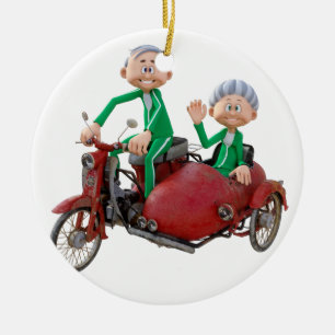 Older Couple on a Moped with Sidecar Ceramic Ornament