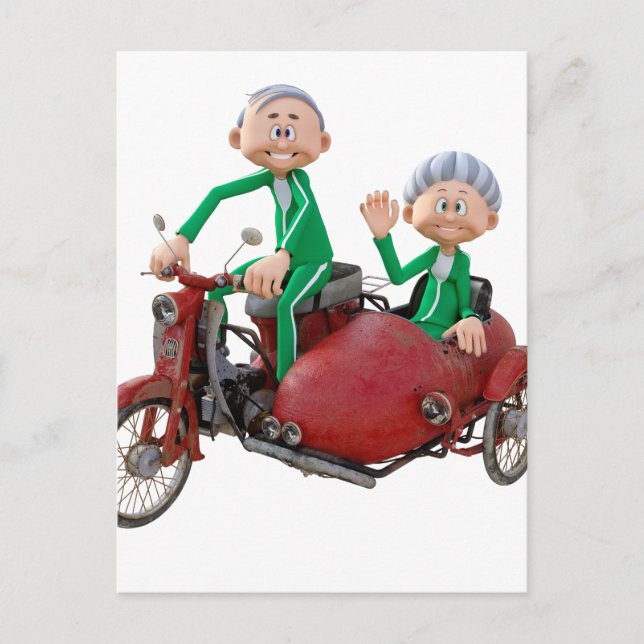 Older Couple on a Moped with Sidecar Postcard (Front)