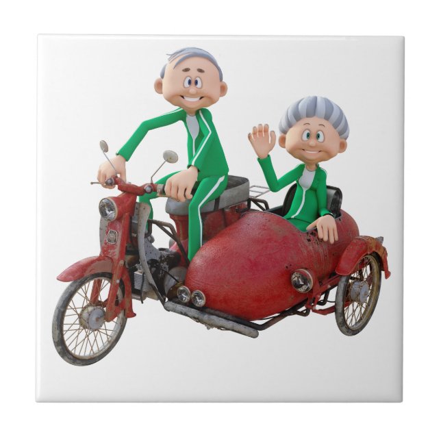 Older Couple on a Moped with Sidecar Tile (Front)