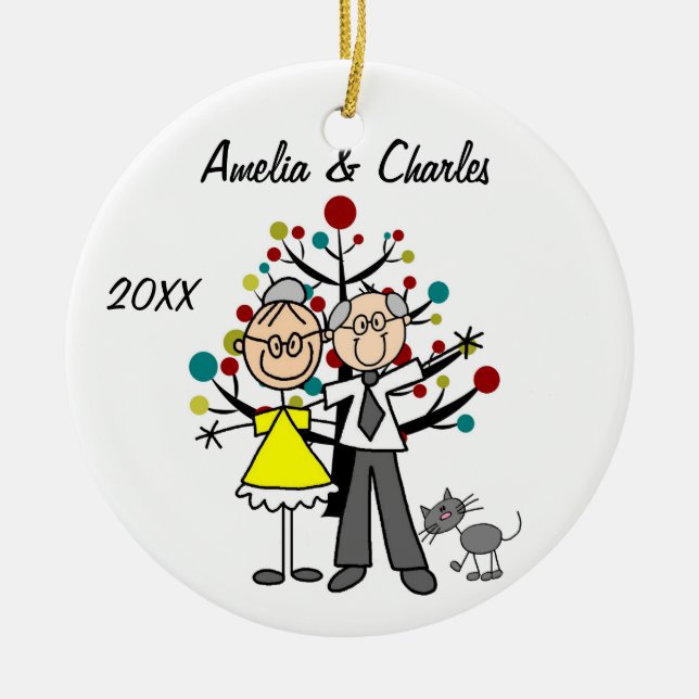 Older Couple with Cat Custom Holiday Ornament (Front)