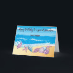 Older Grandson Birthday Personalised With Seashell Card<br><div class="desc">This fun and bold beach design showcases a bright shoreline scattered with seashells, while animated waves roll in behind. His name stands out in bouncy, wave-like lettering that adds a personalised and playful vibe. Created for a teen or adult grandson, this card captures his energy, uniqueness, and the joy he...</div>