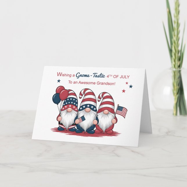 Older Grandson Fourth of July Cute Patriotic Gnome Card (Front)