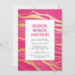 Older, Wiser, Hotter Hot Pink & Faux Gold Invitation