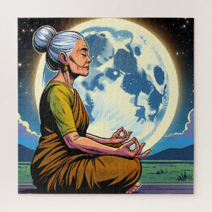 Older Woman Meditating Under the Moon Jigsaw Puzzle