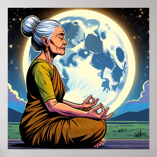 Older Woman Meditating Under the Moon Poster (Front)