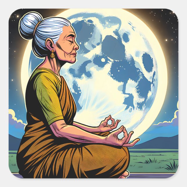 Older Woman Meditating Under the Moon Square Sticker (Front)
