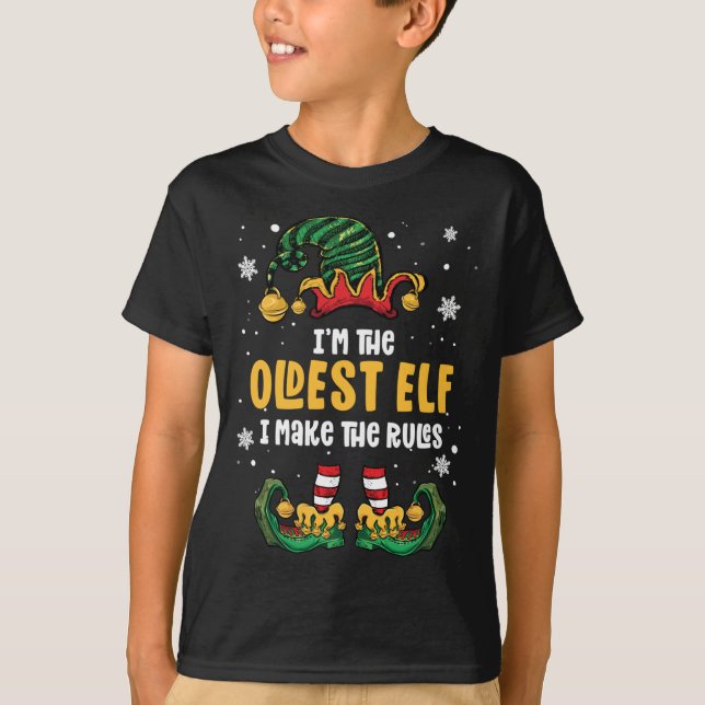 Oldest Child Elf Family Funny Matching Sibling Chr T-Shirt (Front)